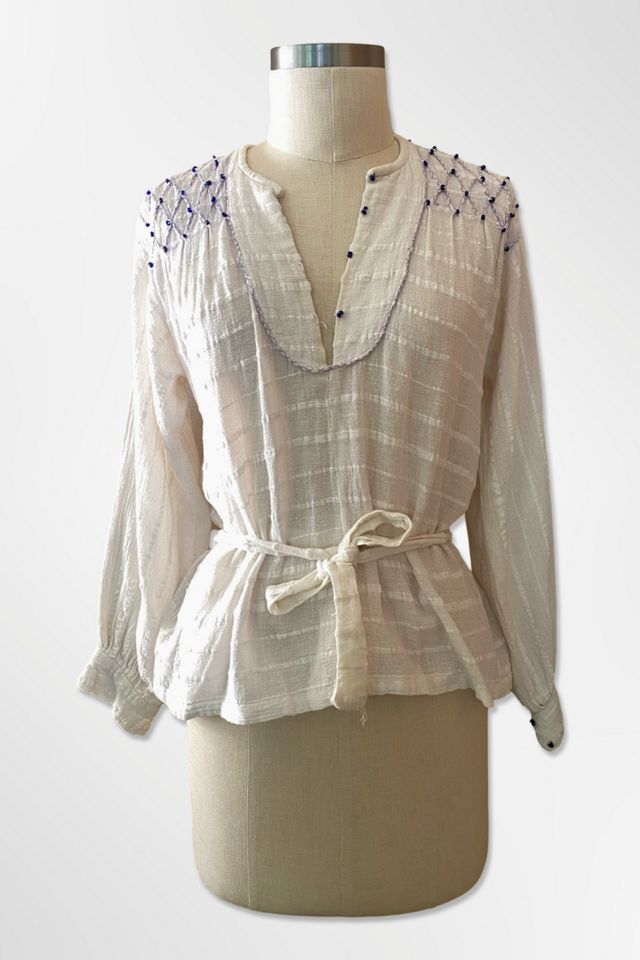 1970s Beaded Cotton Gauze Tie Back Peasant Blouse Selected By Ritual Vintage #1