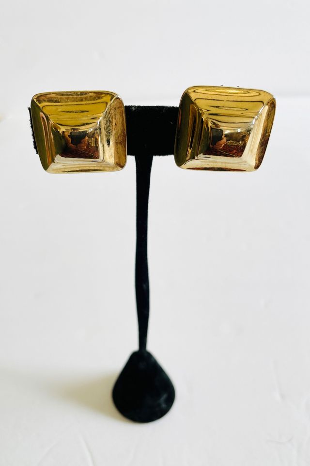 Vintage Gold Sculptural Square Domed Clip Earrings Selected by FernMercantile #1