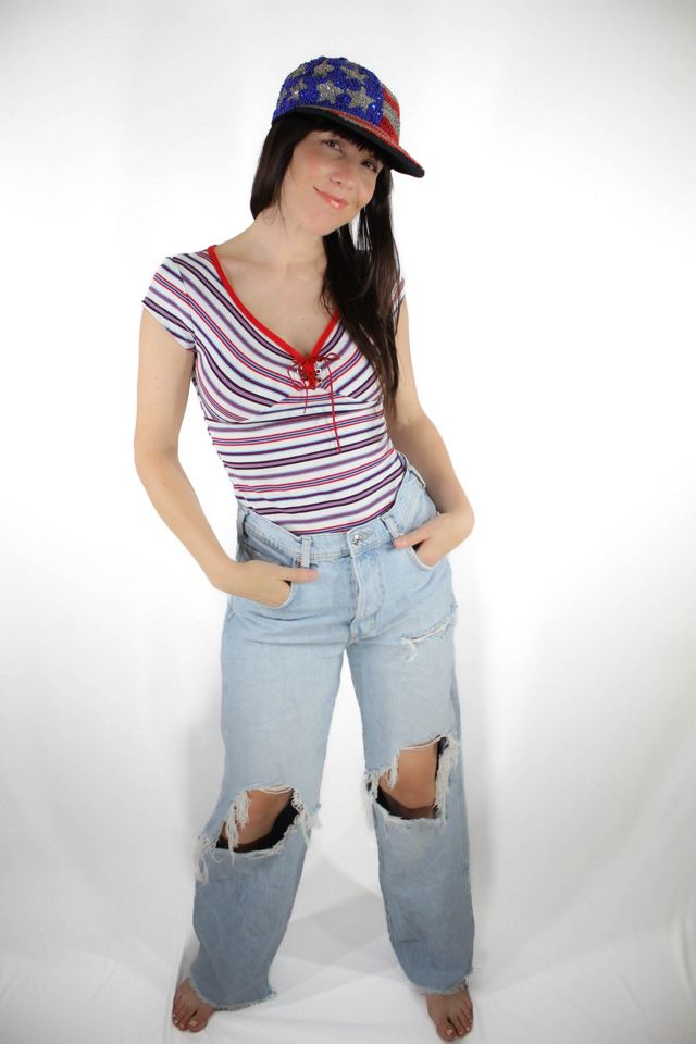 Y2K Red White & Blue Striped Top Selected By Moons + Junes Vintage #1