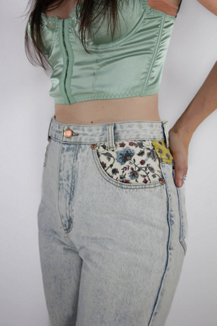 1980s Floral Print Patchwork Acid Wash Jeans Selected By Moons + Junes Vintage