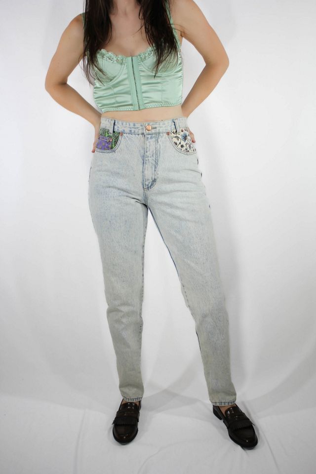 1980s Floral Print Patchwork Acid Wash Jeans Selected By