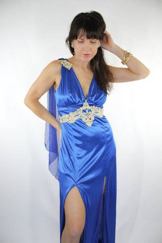1970s Blue Satin Sheer Cape High Slit Stevie Maxi Dress Selected By Moons + Junes Vintage