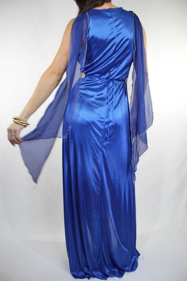 1970s Blue Satin Sheer Cape High Slit Stevie Maxi Dress Selected By Moons + Junes Vintage #1