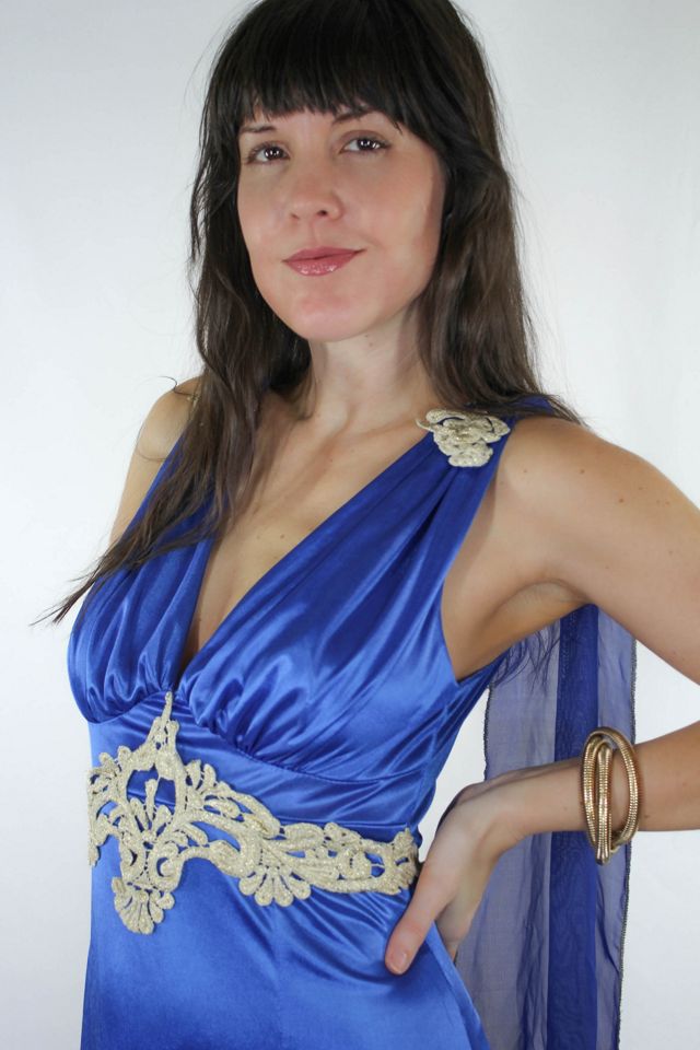 1970s Blue Satin Sheer Cape High Slit Stevie Maxi Dress Selected By Moons + Junes Vintage #2