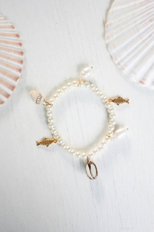 Upcycled Vintage Gold Shell Charm Pearl Bracelet Selected By Moons + Junes Vintage