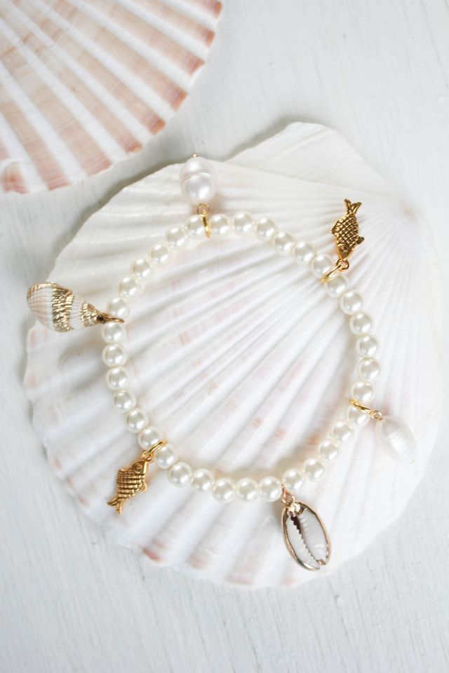 Upcycled Vintage Gold Shell Charm Pearl Bracelet Selected By Moons + Junes Vintage #1