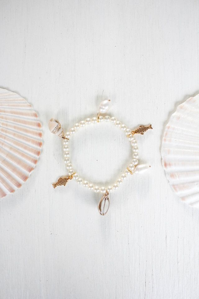 Upcycled Vintage Gold Shell Charm Pearl Bracelet Selected By Moons + Junes Vintage #3