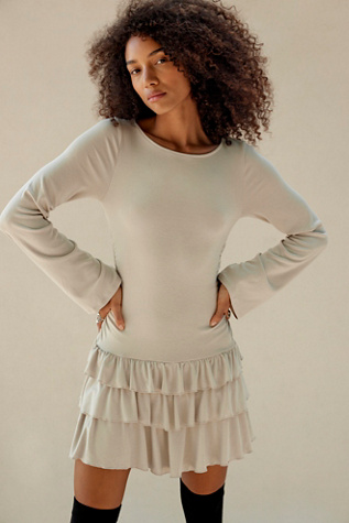 Good Feels Ruffle Long-Sleeve Mini by free-est at Free People in Neutral, Size: Large