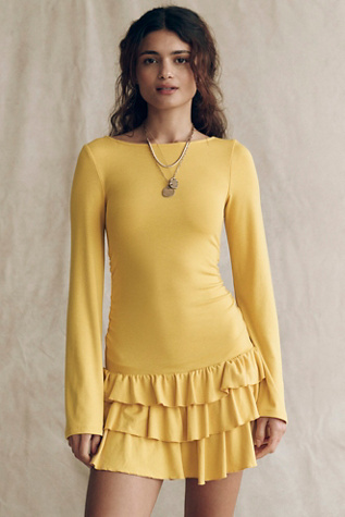 Good Feels Ruffle Long-Sleeve Mini Dress by free-est at Free People in Yellow, Size: L
