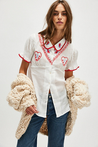 Kinga Csilla Minnie Embroidered Heart Blouse at Free People in White, Size: M