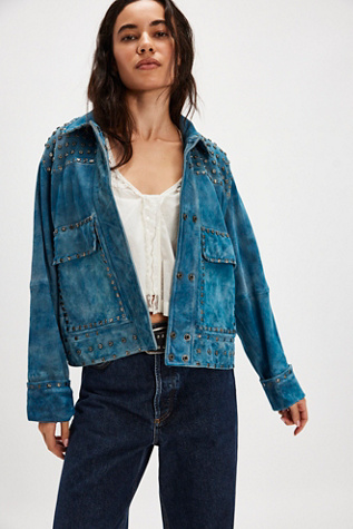 We The Free Suzy Studded Suede Jacket At Free People In Drizzle Blue, Size: Medium