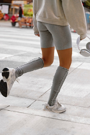 Ruffle Over The Knee Grip Open Toe Socks by Lucky Honey at Free People, Grey