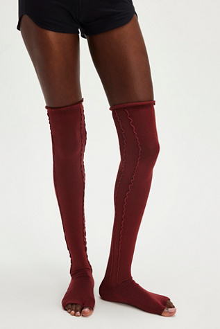 Ruffle Over The Knee Grip Open Toe Socks by Lucky Honey at Free People, Wine