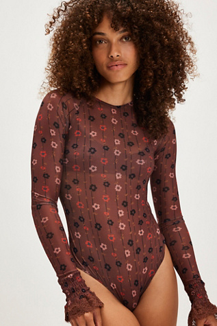 Up All Night Printed Bodysuit by Intimately at Free People in Cinnamon Combo, Size: Large