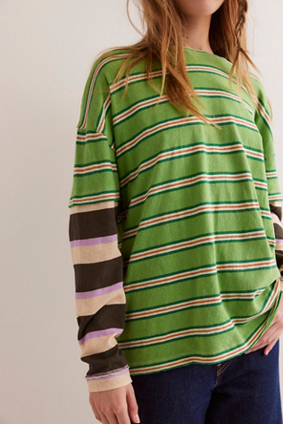 We The Free Nina Stripe Long-Sleeve Tee At Free People In Green Combo, Size: XL