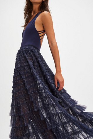 Return Of The Ruffle Maxi Slip Skirt By Intimately At Free People In Pin Dot Navy Combo, Size: Large