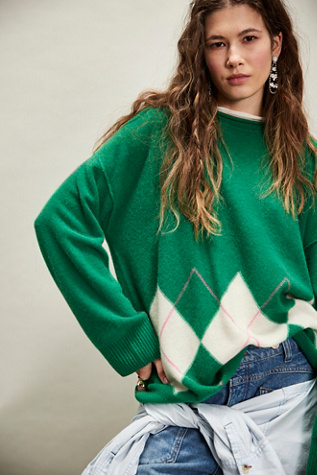 Addie Argyle Cashmere Pullover At Free People In Prep Green Combo, Size: Small