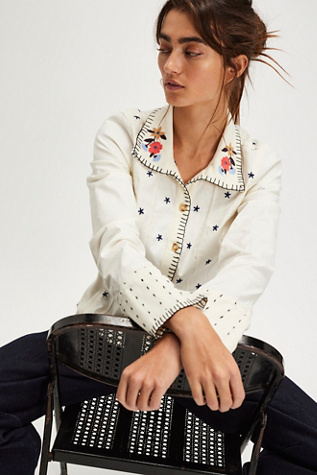We The Free Ditsy Embroidered Little Shirt at Free People in Ivory Combo Solid, Size: XS