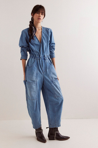 We The Free Archie Denim Jumpsuit At Free People In Ether, Size: Large