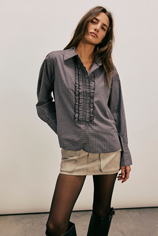 We The Free Small Check Ruffle Shirt At Free People In Charcoal Combo, Size: XL