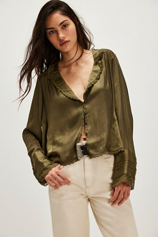 Elsa Silky Bed Jacket Top At Free People In Sage, Size: Small