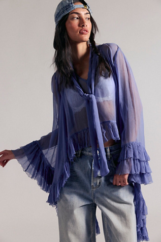 Full Sleeve Frill Top by Free People in Blue, Size: L