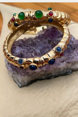 1980s Gold Tone Precious Stone Clamper Bracelet Stack Selected By Ritual Vintage