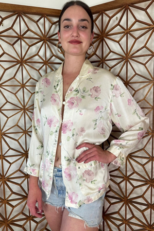 Pink Rose Print Floral Silk Pajama blouse Selected by Picky Jane