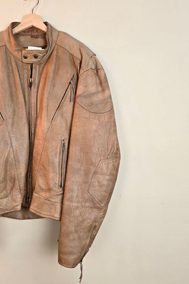 Vintage Biker Leather Jacket with Band Collar #1