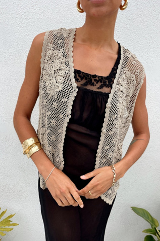 Taupe Crochet Floral Vest Selected by Madly Vintage