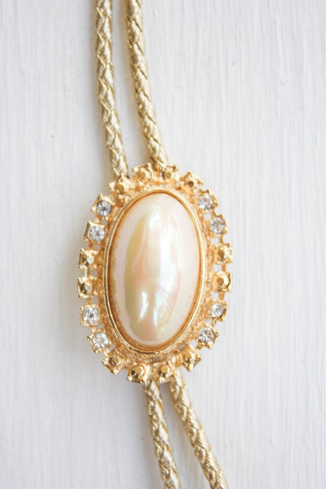 Vintage Pearl Rhinestone Pendant Gold Bolo Tie Selected By Moons + Junes Vintage #1