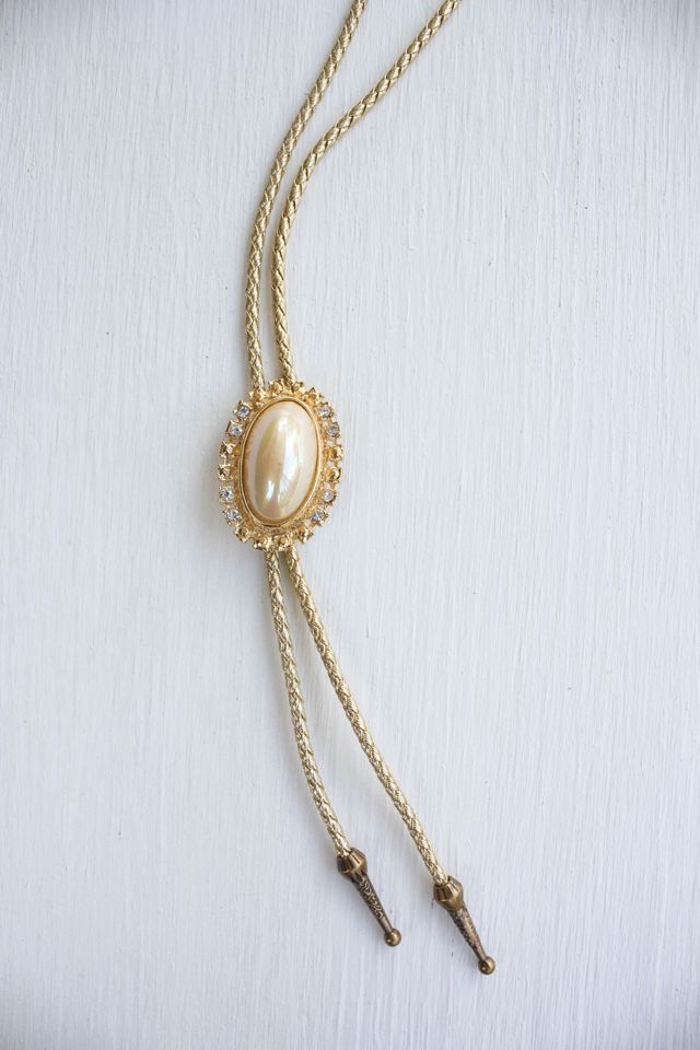 Vintage Pearl Rhinestone Pendant Gold Bolo Tie Selected By Moons + Junes Vintage #2