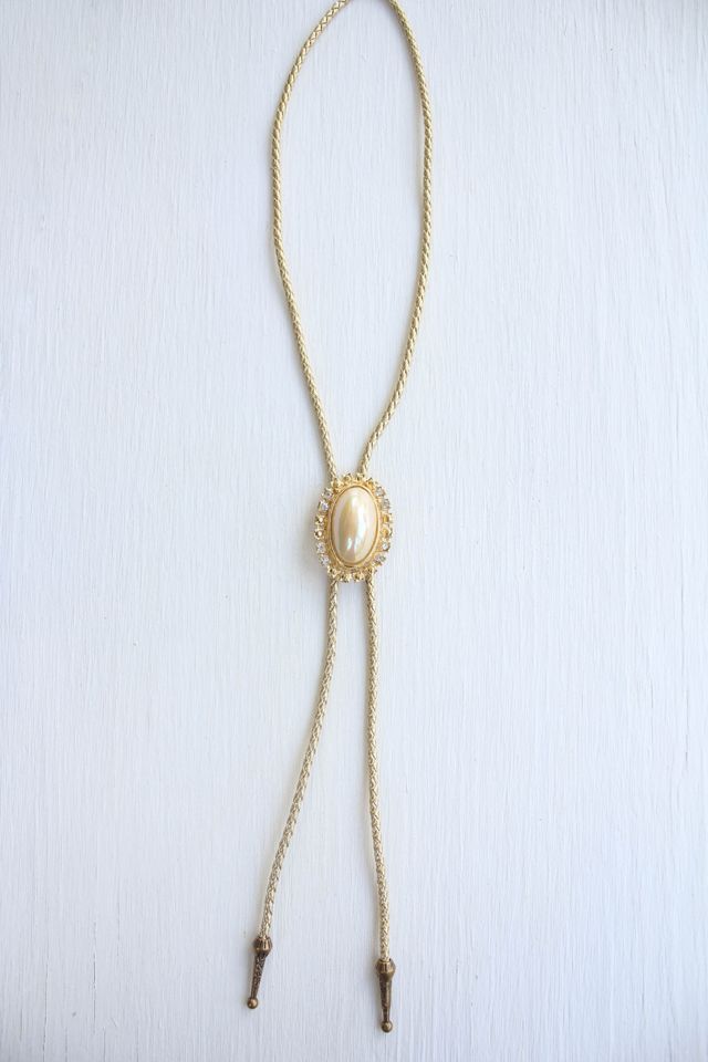 Vintage Pearl Rhinestone Pendant Gold Bolo Tie Selected By Moons + Junes Vintage #3
