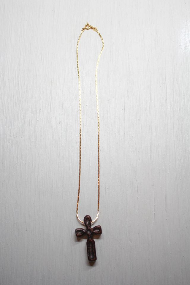 Vintage Carved Wooden Cross Pendant Gold Necklace Selected By Moons + Junes Vintage #1