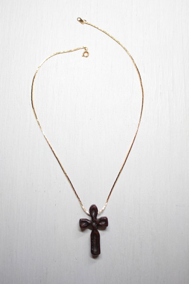 Vintage Carved Wooden Cross Pendant Gold Necklace Selected By Moons + Junes Vintage #2