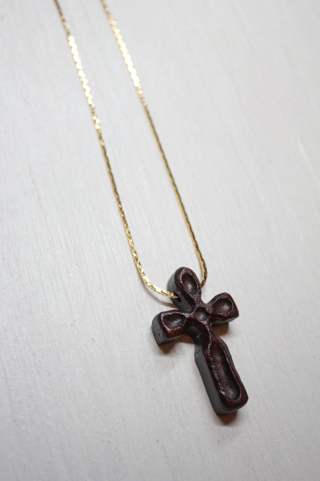 Vintage Carved Wooden Cross Pendant Gold Necklace Selected By Moons + Junes Vintage #3
