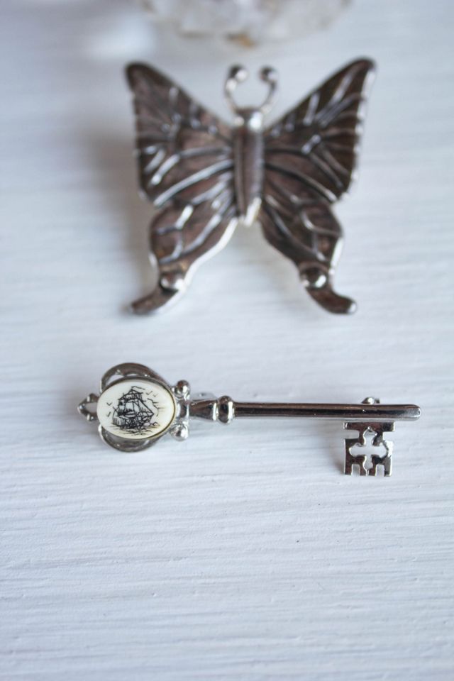 Vintage Butterfly Flower & Key Brooch Pin Set Selected By Moons + Junes Vintage #1