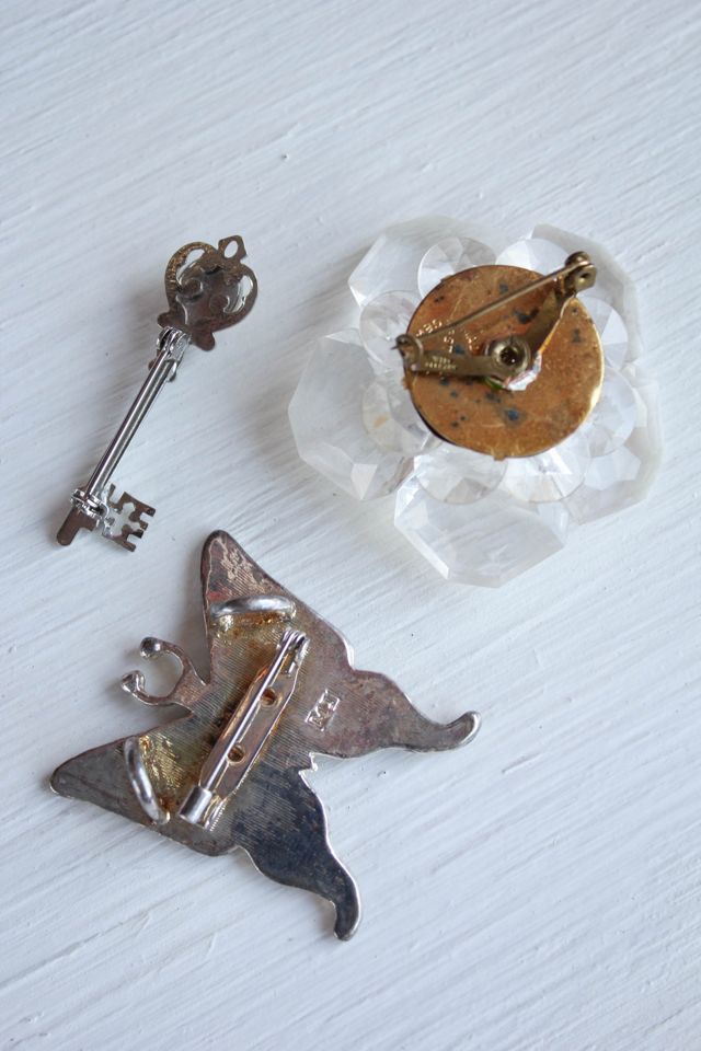 Vintage Butterfly Flower & Key Brooch Pin Set Selected By Moons + Junes Vintage #3