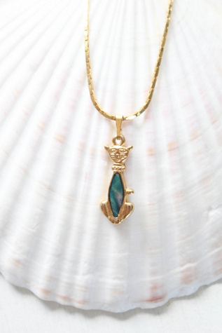 Vintage Gold Cat Abalone Shell Pendant Necklace Selected By Moons + Junes Vintage