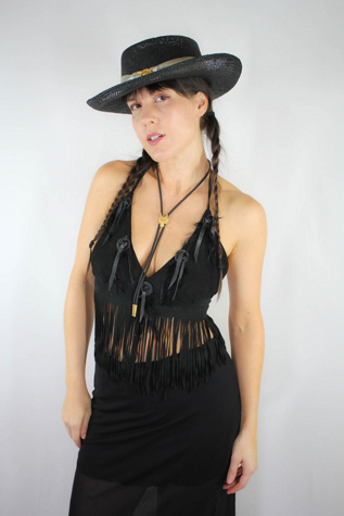 1970s Black Rose Fringe Backless Halter Crop Top Selected By Moons + Junes Vintage