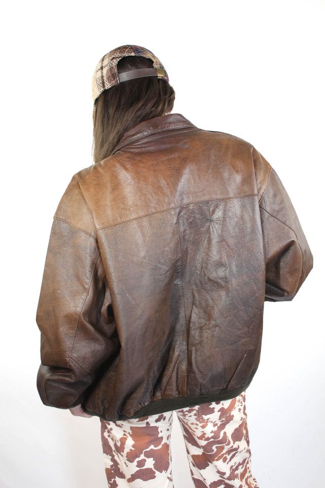 Vintage Unisex Distressed Leather Biker Bomber Jacket Selected By Moons + Junes Vintage #1