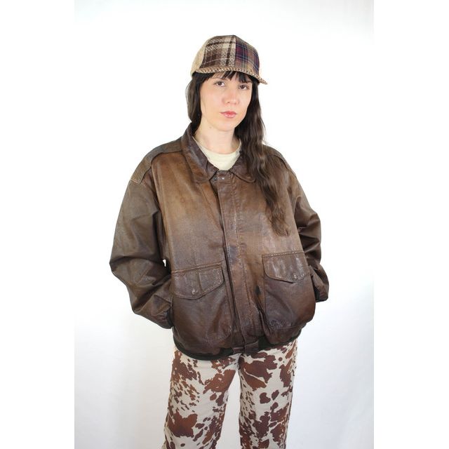 Vintage Unisex Distressed Leather Biker Bomber Jacket Selected By Moons + Junes Vintage #2