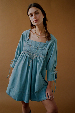Sonora Denim Mini Dress by Free People in Light Wash, Size: XS