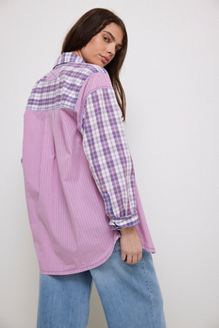 We The Free Montauk Gingham Shirt At Free People In Blue + Pink Combo, Size: XL