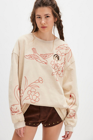 Denim And Bone Swan Doodle Embroidered Tee At Free People In Ivory, Size: Large