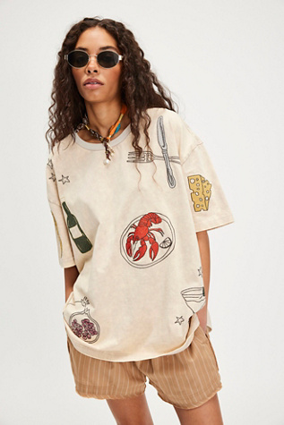 Denim And Bone Dinner Party Embroidered Tee At Free People In Ivory, Size: Small