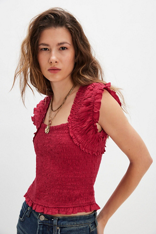 Ari Smocked Top At Free People In Raspberry Wine, Size: Medium