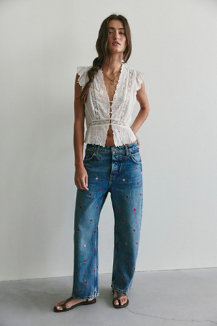We The Free Deep Trance Embroidered Dropped Boyfriend Jeans at Free People in Medium Wash, Size: 27