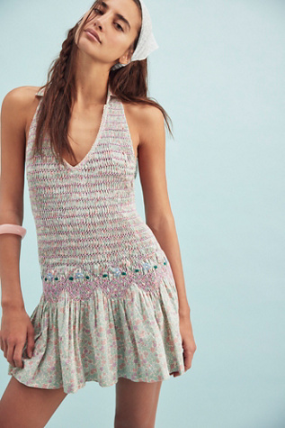 Flirty In Florals Smocked Mini Dress At Free People In Pastel Combo, Size: Medium