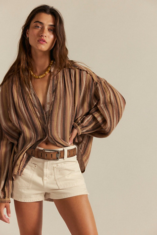 We The Free Valley Double Cloth Striped Shirt at Free People in Brown Combo, Size: Medium